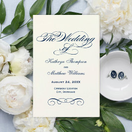 Bröllopsprogrammen elegant Navy Blue Calligraphy