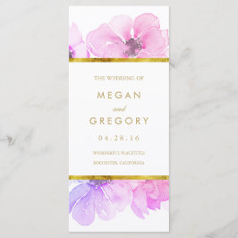 Bröllopsprogrammen Guld Ram Blue och Lila Blommigt Program