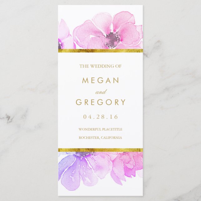 Bröllopsprogrammen Guld Ram Blue och Lila Blommigt Program (Framsida)