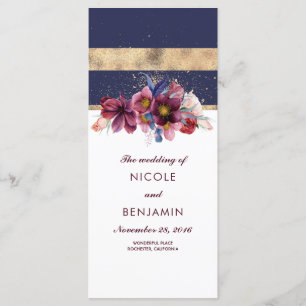 Bröllopsprogrammen i Burgundy Navy och Guld Blommi Program