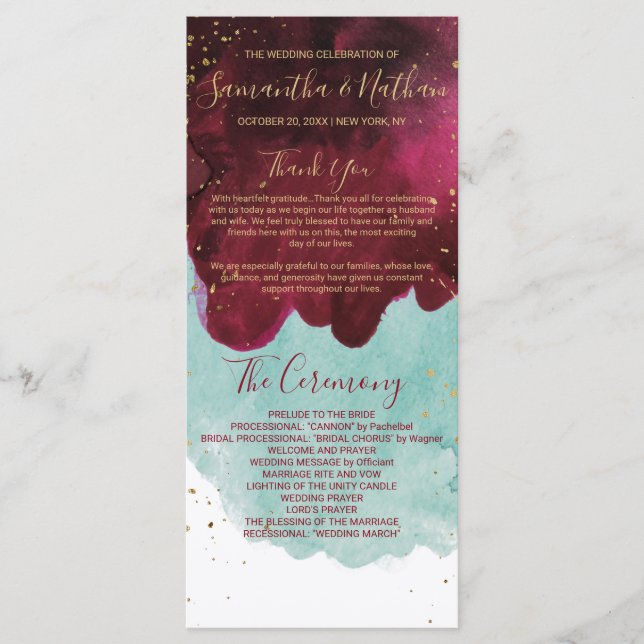 Bröllopsprogrammen Marsala Red Teal Watercolor Gul Program (Framsida)
