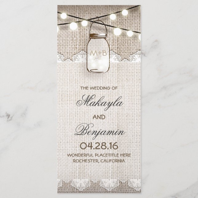 Bröllopsprogrammen Mason Burk String Ljus Burlap Program (Framsida)
