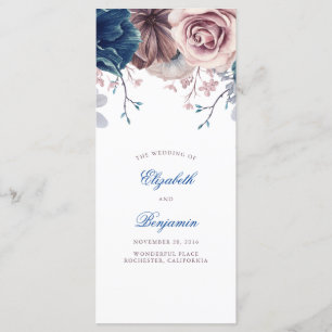 Bröllopsprogrammen Navy Blue och Mauve Blommigt Program
