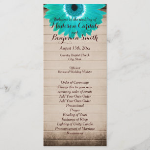 Bröllopsprogrammen Rustic Barn Wood Teal Daisy Program
