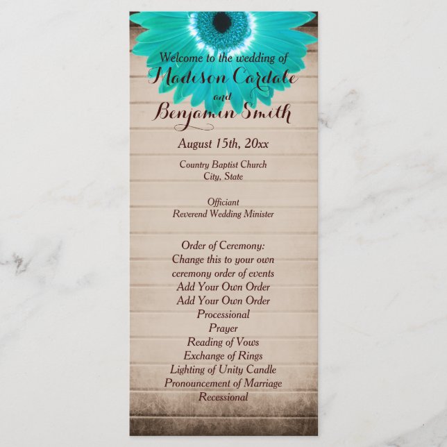 Bröllopsprogrammen Rustic Barn Wood Teal Daisy Program (Framsida)