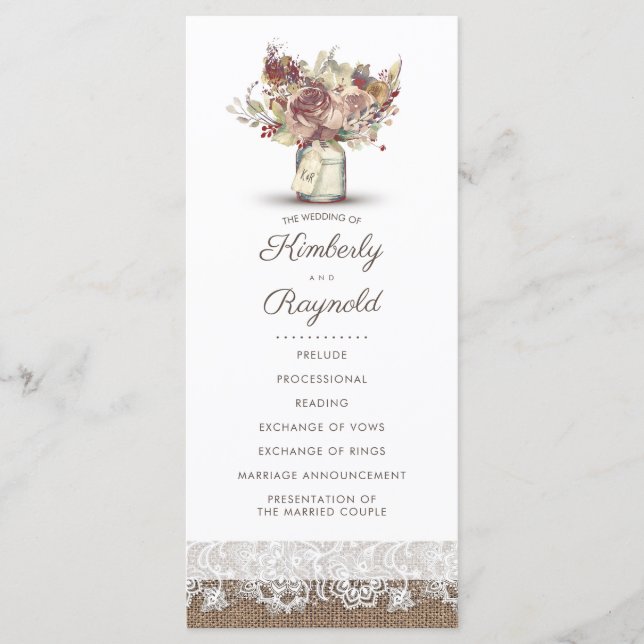 Bröllopsprogrammen Rustic Burlap Blommigt Mason Bu Program (Framsida)