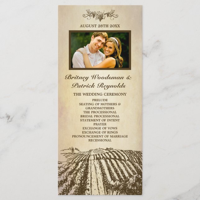 Bröllopsprogrammen Tuscan Vintage Winery Vineyard Program (Framsida)