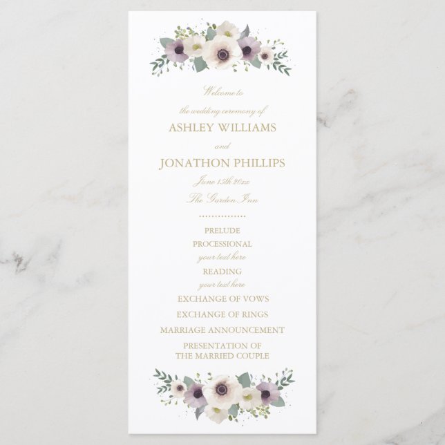 Bröllopsprogrammet Anemone Bouquet Program (Framsida)