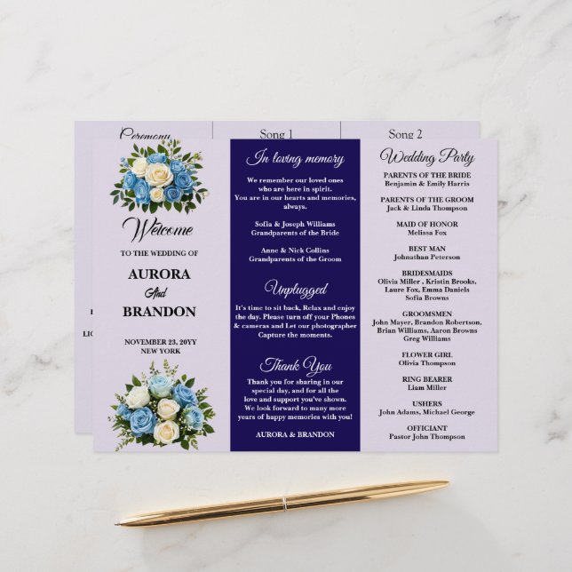 Bröllopsprogrammet anpassningsbar blå och vit Blom (Fram/Back In Situ)