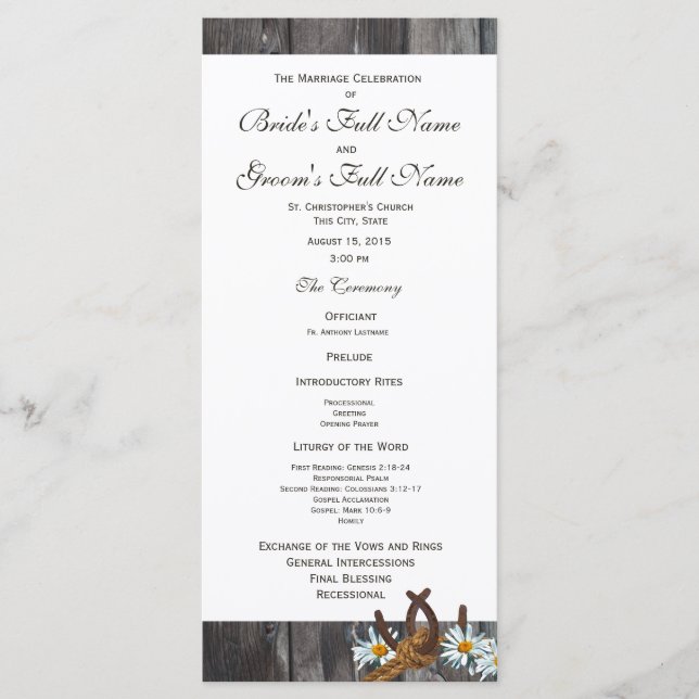 Bröllopsprogrammet Barn Wood Horseshoes och Daisy Program (Framsida)