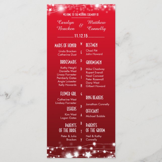 Bröllopsprogrammet BeSnyval Glowing Stars Red Program (Framsida)
