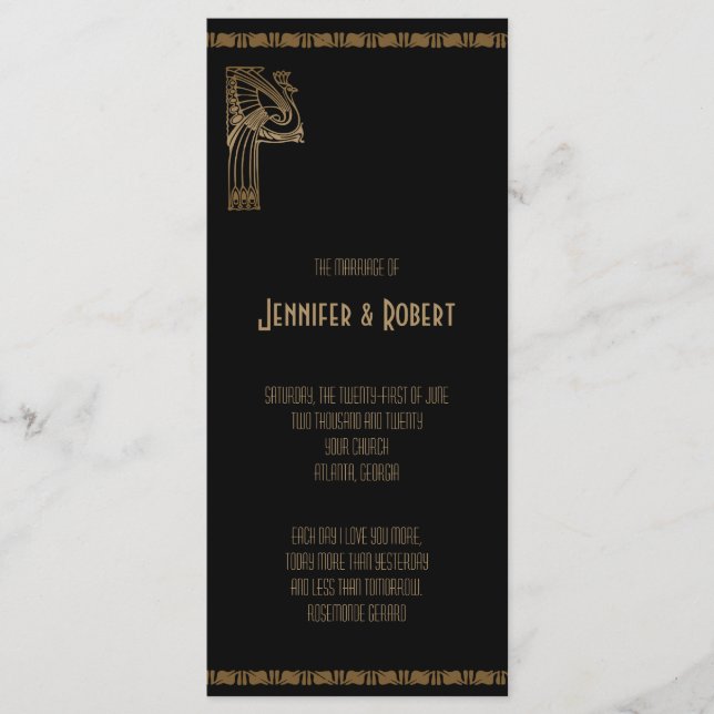 Bröllopsprogrammet Black and Guld Art Deco Peacock Program (Framsida)