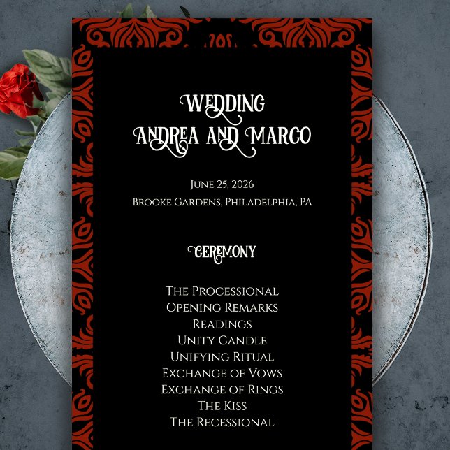 Bröllopsprogrammet Black and Red Blommigt Gothic M (Black and Red Floral Gothic Dark Wedding Program)