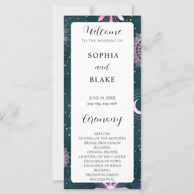 Bröllopsprogrammet Black and Rosa Celestial (Framsida)