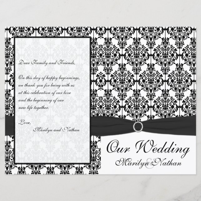Bröllopsprogrammet Black and White Damask (Framsida)