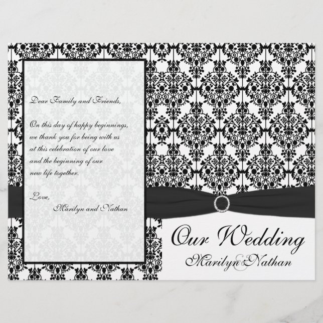Bröllopsprogrammet Black and White Damask (Framsida)