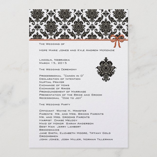 Bröllopsprogrammet Black and White Damask Rosa Tri Program (Framsida)