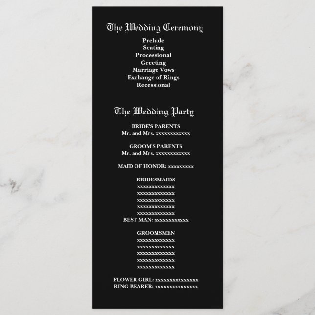 Bröllopsprogrammet Black and White Feathery Damask Program (Framsida)