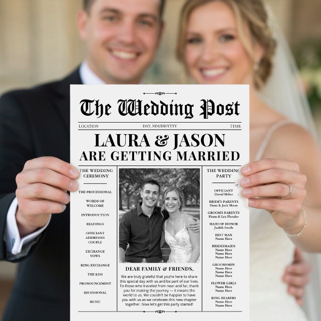 Bröllopsprogrammet Black and White Program (Newspaper Wedding Program with Timeline Flyer)