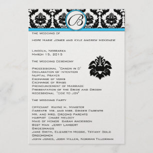 Bröllopsprogrammet Black Damask on White Aqua Trim Program