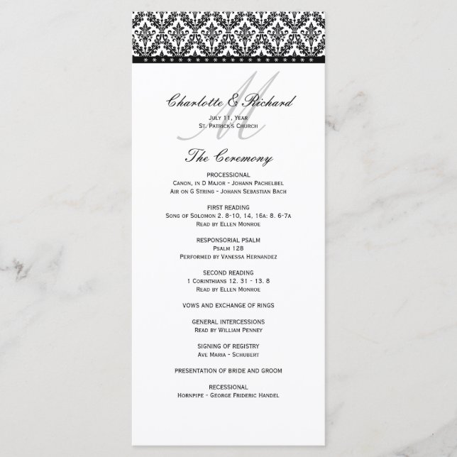 Bröllopsprogrammet Black & White Damask Monogram Program (Framsida)