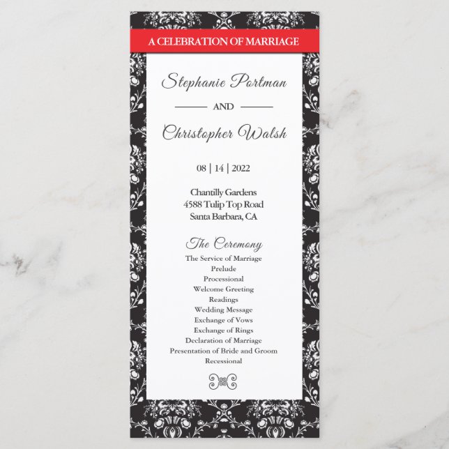 Bröllopsprogrammet Black White Damask Red Ribbon Program (Framsida)