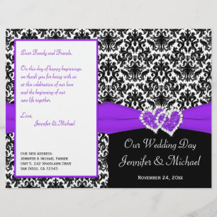 Bröllopsprogrammet Black White Lila Damask Hearts