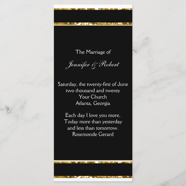 Bröllopsprogrammet Black White och Guld Glitter Program (Framsida)