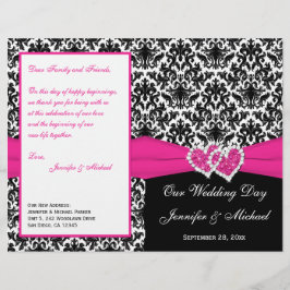 Bröllopsprogrammet Black White Rosa Damask Hearts