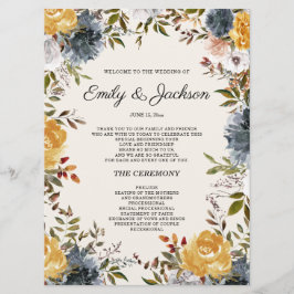 Bröllopsprogrammet Blått Blommigt för gult Program