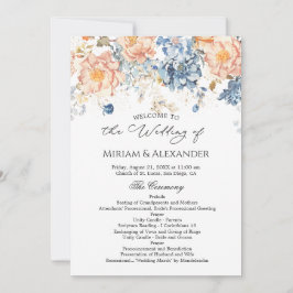 Bröllopsprogrammet blommigt persiko blå inbjudningar