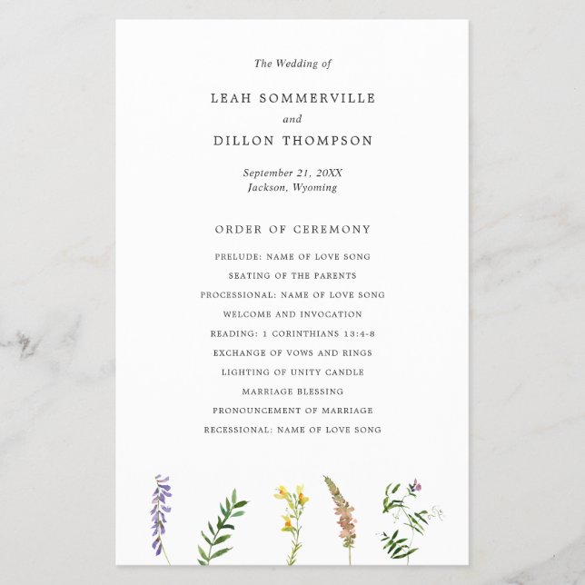 Bröllopsprogrammet Blommigt Wildblombudget Flygblad (Framsidan)