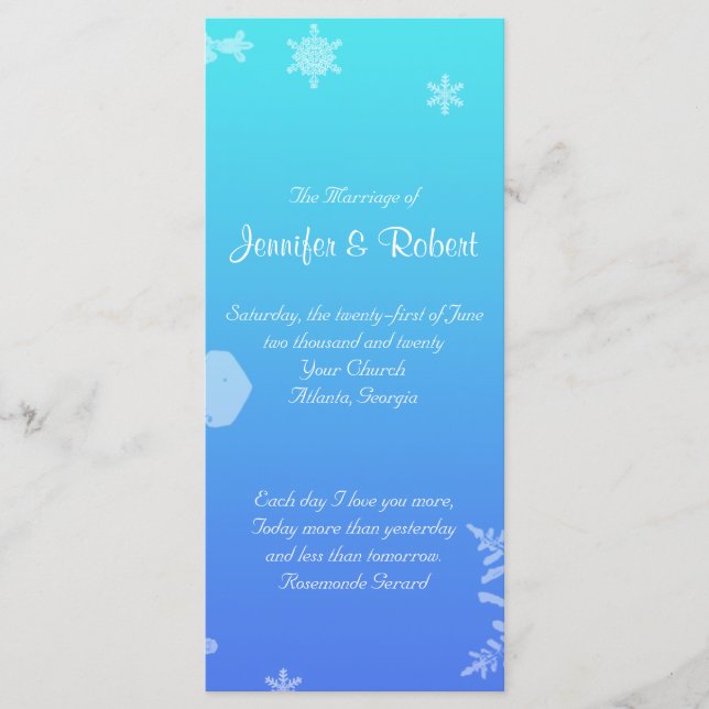 Bröllopsprogrammet Blue and Teal Snowflake Posh Program (Framsida)