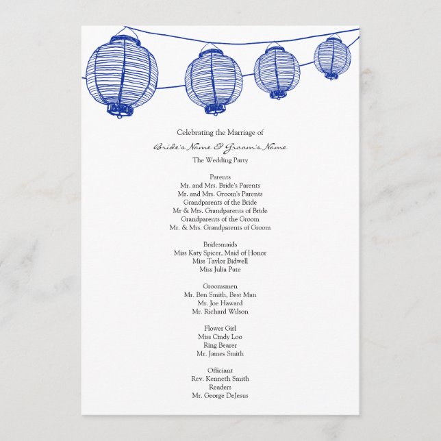 Bröllopsprogrammet Blue Garden Lanterns Program (Framsida)