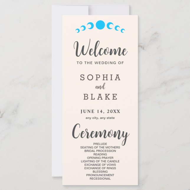 Bröllopsprogrammet Blue Måne Phases Seashell (Framsida)