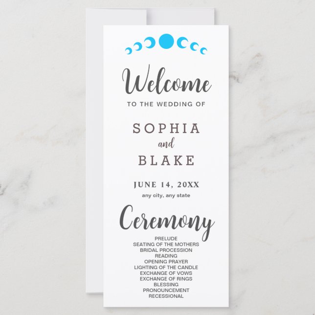 Bröllopsprogrammet Blue Måne Phases White (Framsida)