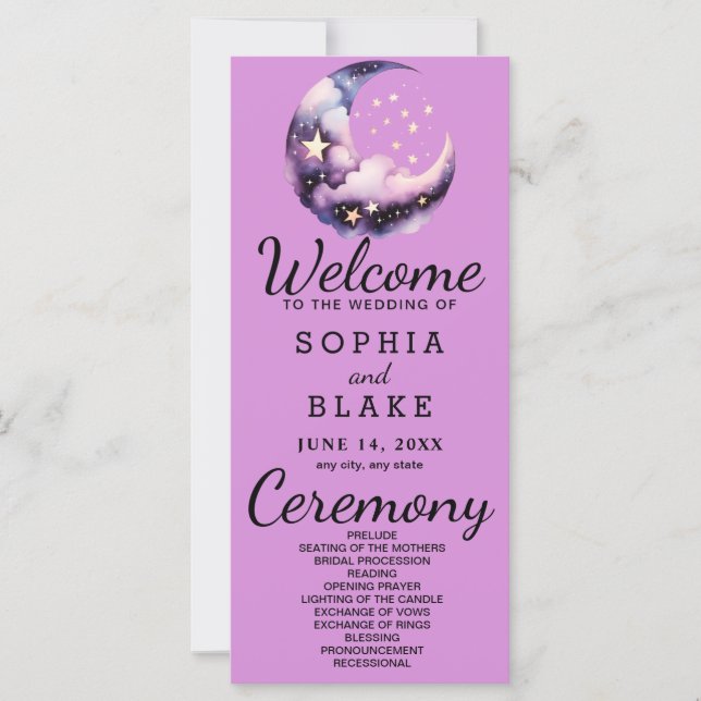 Bröllopsprogrammet Blue och Lila Crescent Måne (Framsida)