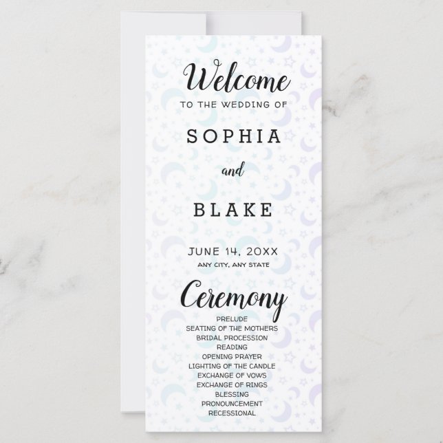 Bröllopsprogrammet Blue och Lila Crescent Måne (Framsida)