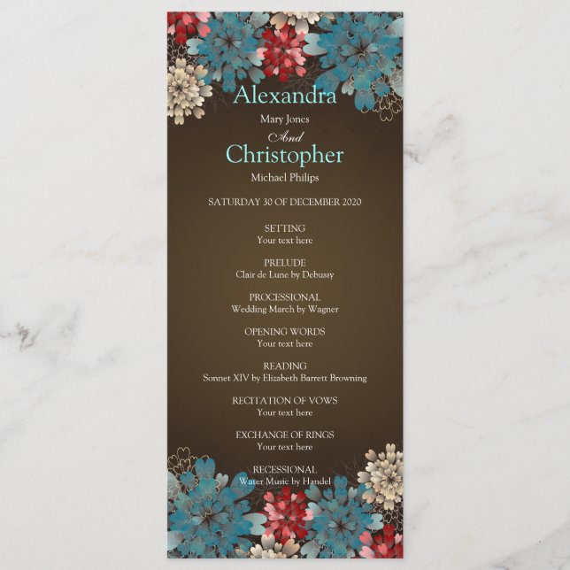 Bröllopsprogrammet Blue Red & Cream Flowers Retro Program (Framsida)