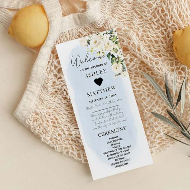 Bröllopsprogrammet Blue Watercolor Vit ros (Skapare uppladdad)