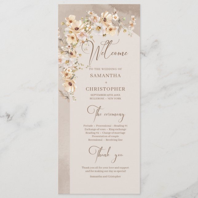 Bröllopsprogrammet Boho arch sommar rustidblomma Program (Framsida)