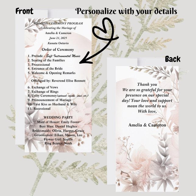 Bröllopsprogrammet Boho  Torkad Blommigt (Set the tone for your romantic celebration with our elegant boho blush & beige wedding suite)