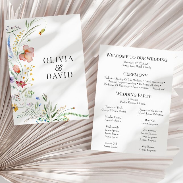 Bröllopsprogrammet Boho Wildblomma Meadow Inbjudningar (Boho Wildflower Meadow Wedding Program on a sunny dry white palm leaf.)
