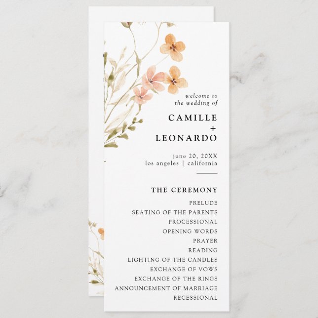 Bröllopsprogrammet Boho Wildblomme Program (Fram/baksida)