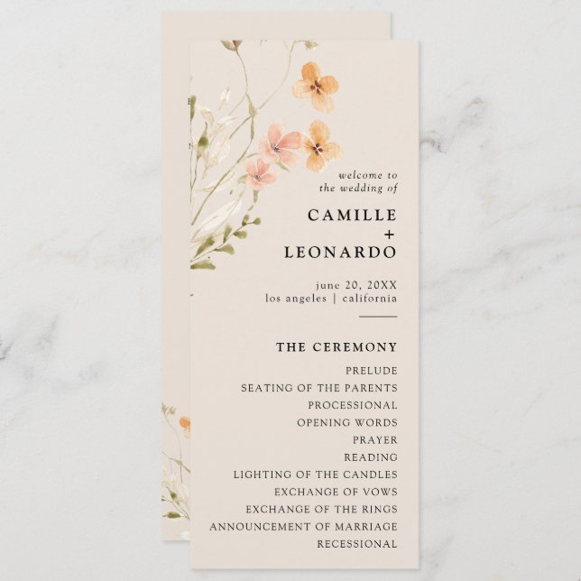 Bröllopsprogrammet Boho Wildblomme Program (Fram/baksida)