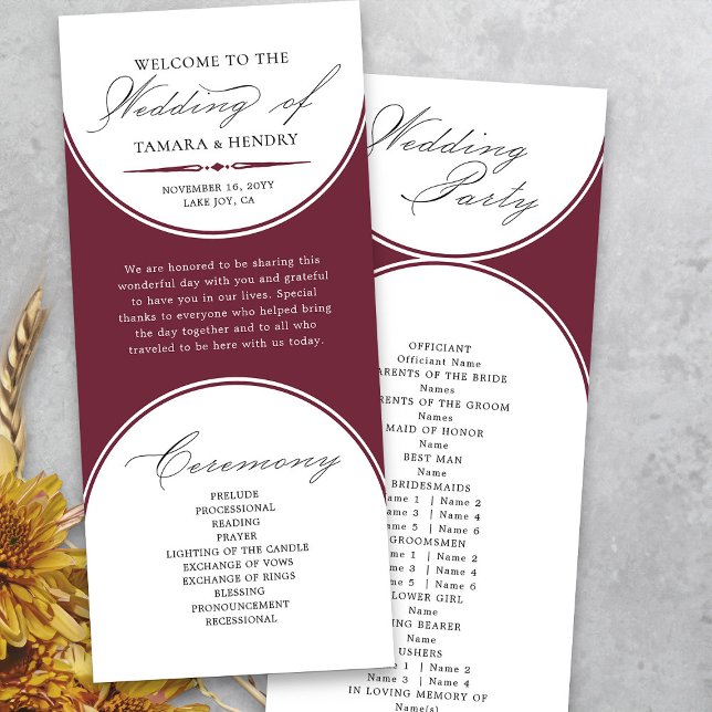 Bröllopsprogrammet Burgundy Arch för elegant Scrip (Modern arches burgundy wedding order of service program from my Wedding Colors collection)