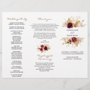 Bröllopsprogrammet Burgundy Blommigt Pampas Grass Reklamblad
