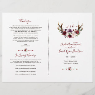 Bröllopsprogrammet Burgundy Florwers Antlers Reklamblad