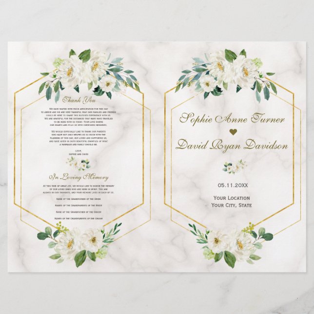 Bröllopsprogrammet Burgundy Navy Blommigt Guld Ram Reklamblad (Framsidan)