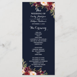 Bröllopsprogrammet Burgundy Navy Blommigt Program